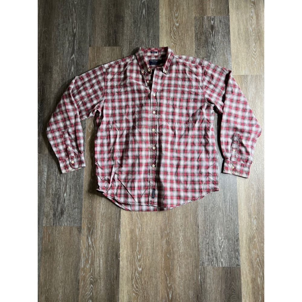 American Eagle Plaid Chambray Shirt Mens L Red Excellent Button Down Long Sleeve